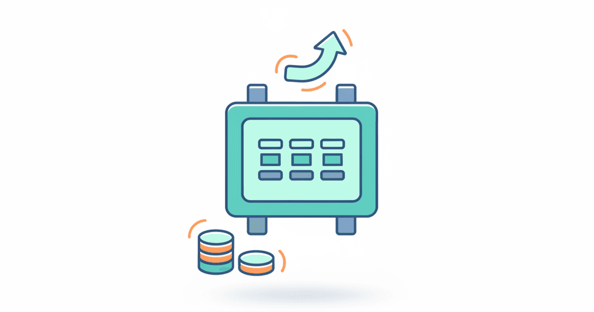 Illustration of a breaker panel with an arrow indicating an upgrade and a utility pole/meter icon, in a clean teal and orange style with no text.