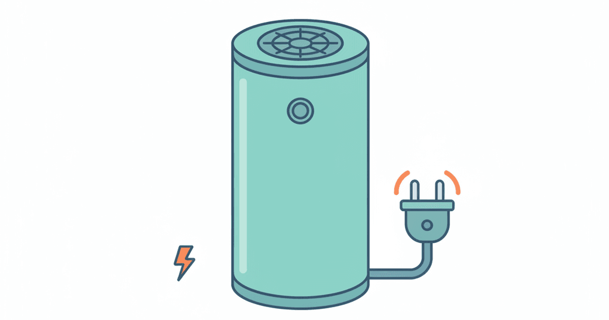 Illustration of a heat pump water heater next to a standard wall outlet icon and a checklist, in a clean teal and orange style with no text.