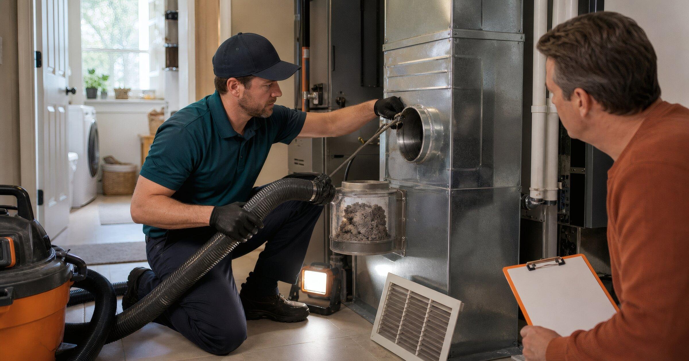 HVAC technician vacuuming debris from an air duct while a homeowner reviews the cleaning estimate