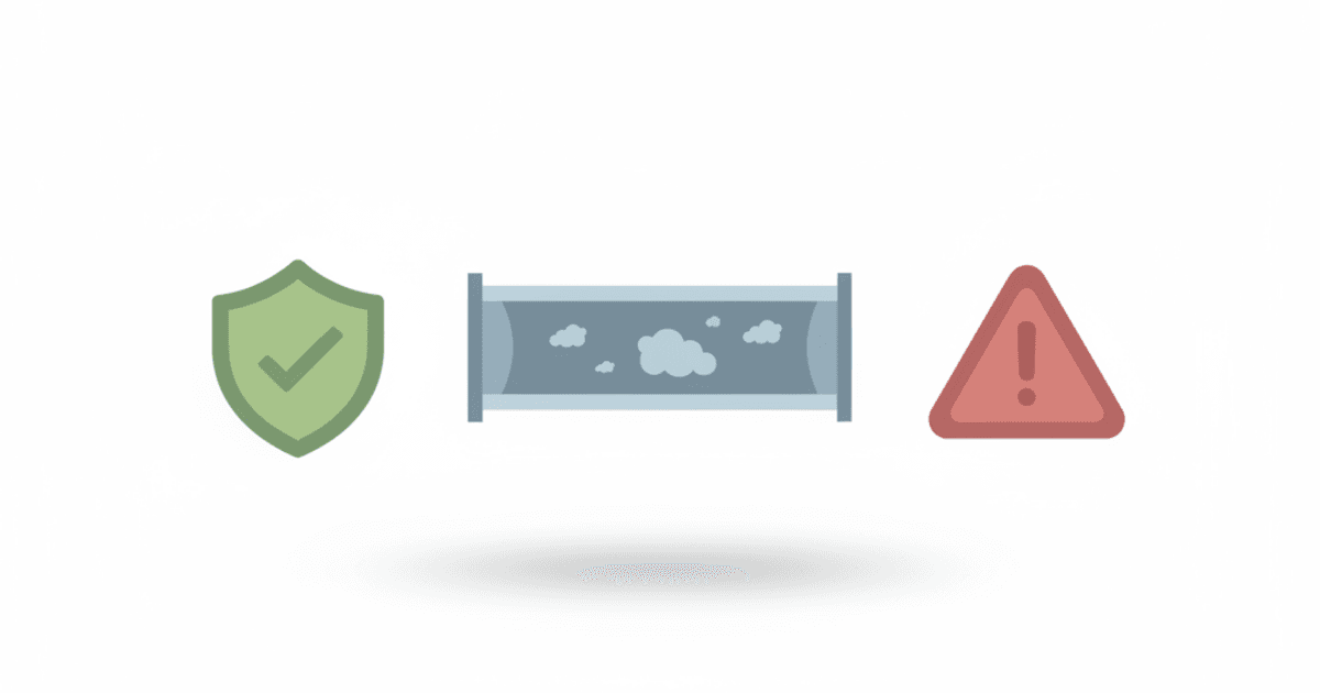 Illustration of an air duct with dust particles next to a shield icon and a simple scam warning triangle, without any text.