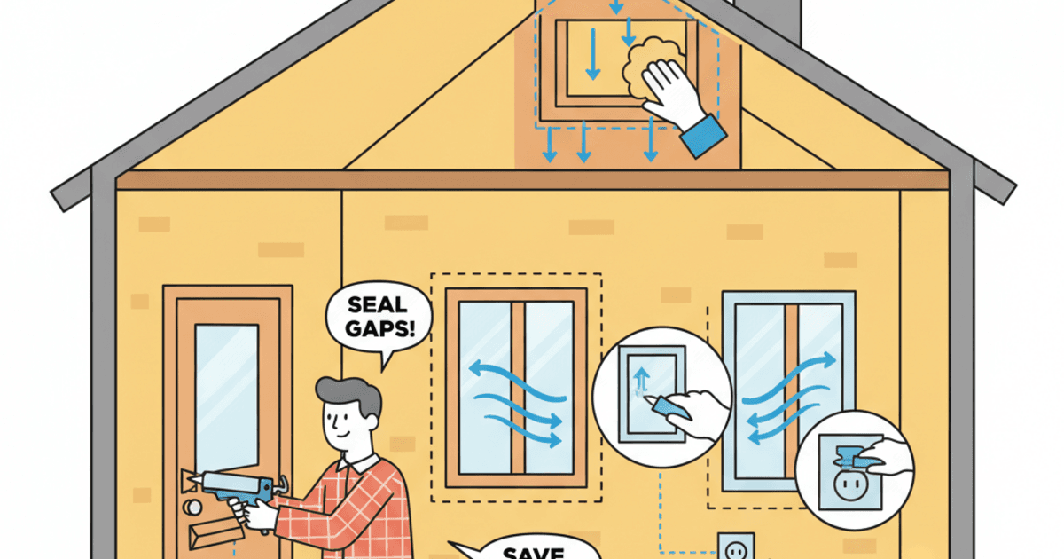 DIY air sealing illustration showing a homeowner using a caulk gun to seal gaps around doors and windows, with callouts for common air leak spots like outlets and attic hatch