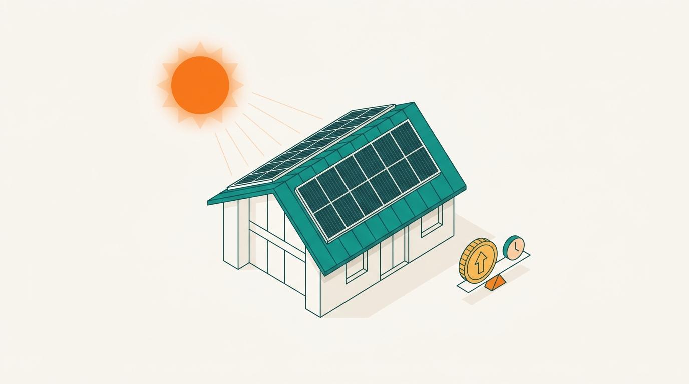 Roof solar array with sunlight, utility connection, and household loads