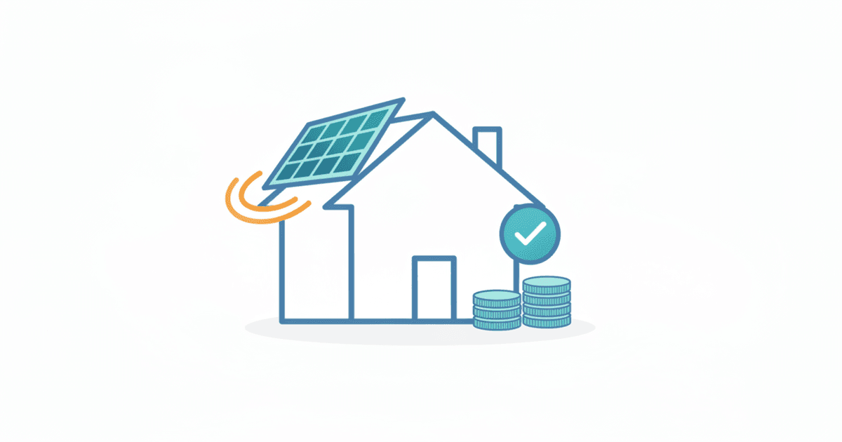 Illustration of a home with rooftop solar panels next to a simple calculator and an electric bill icon with a sun, without text.