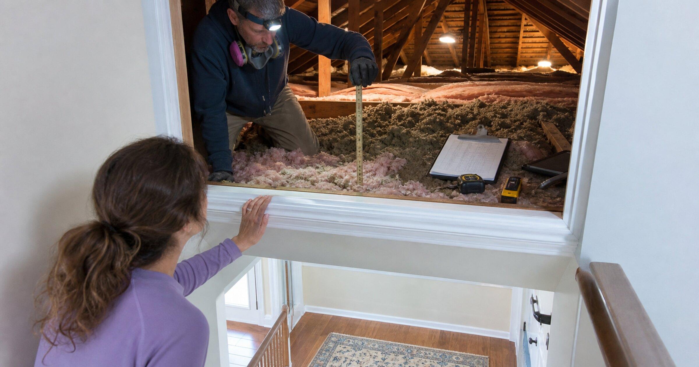 Contractor measuring loose-fill attic insulation depth while a homeowner reviews the estimate
