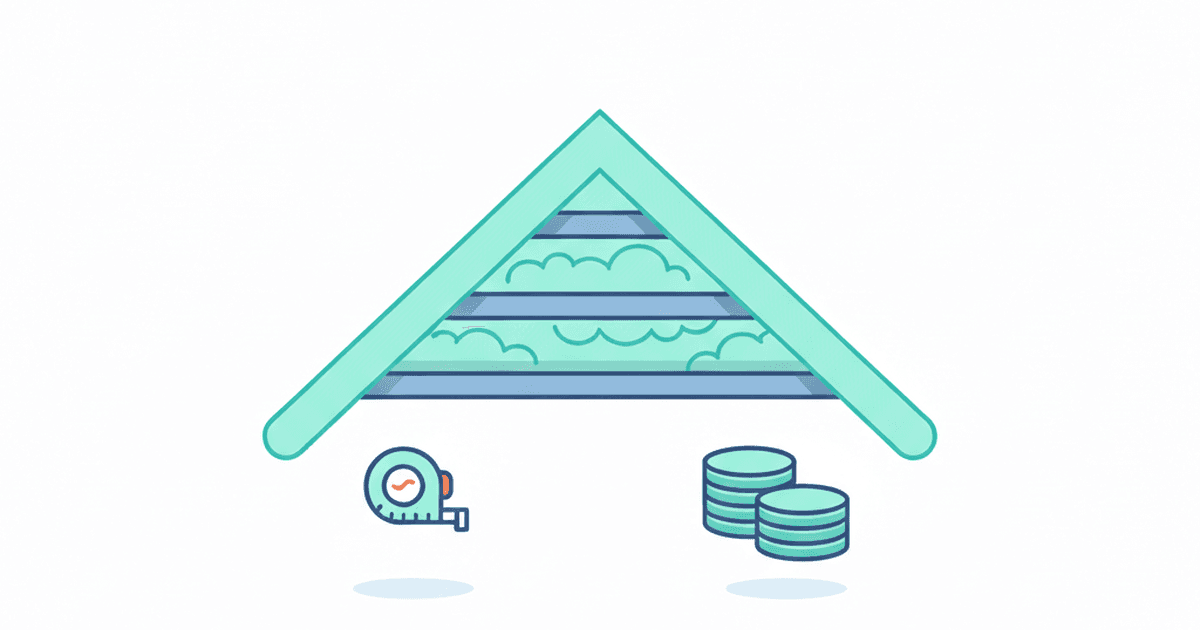 Illustration of an attic cross-section with insulation material and a small checklist icon showing prep tasks like air sealing and ventilation baffles, without text.