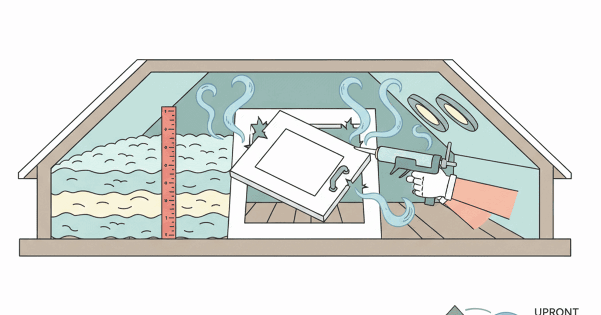 Illustration of an attic with insulation depth markers, air leaks being sealed, and a simple payback gauge comparing upfront cost to annual savings