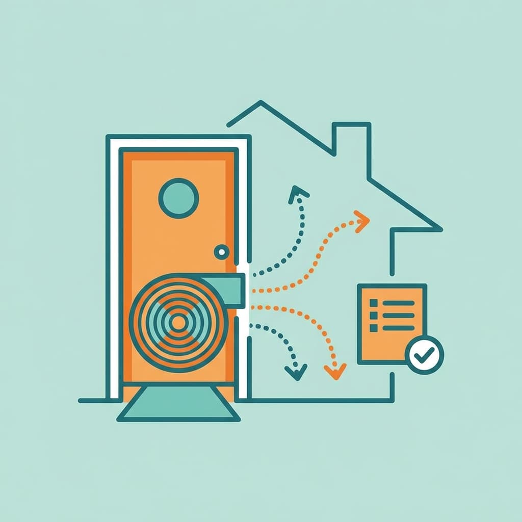 Illustration of a doorway fan test setup next to airflow arrows and a small checklist icon, in a clean teal and orange style with no text.