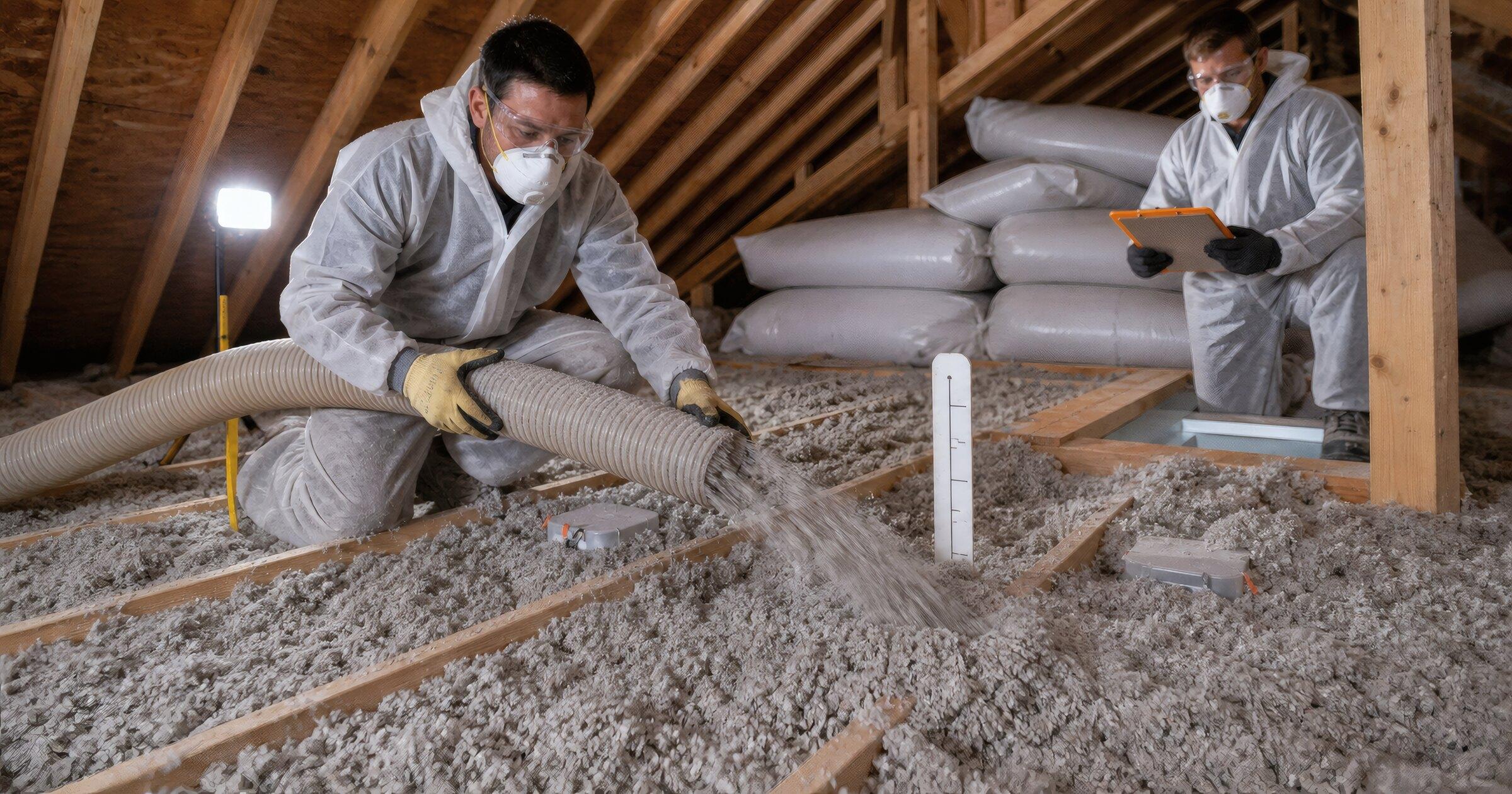 Insulation crew blowing loose-fill material into an attic around a depth marker
