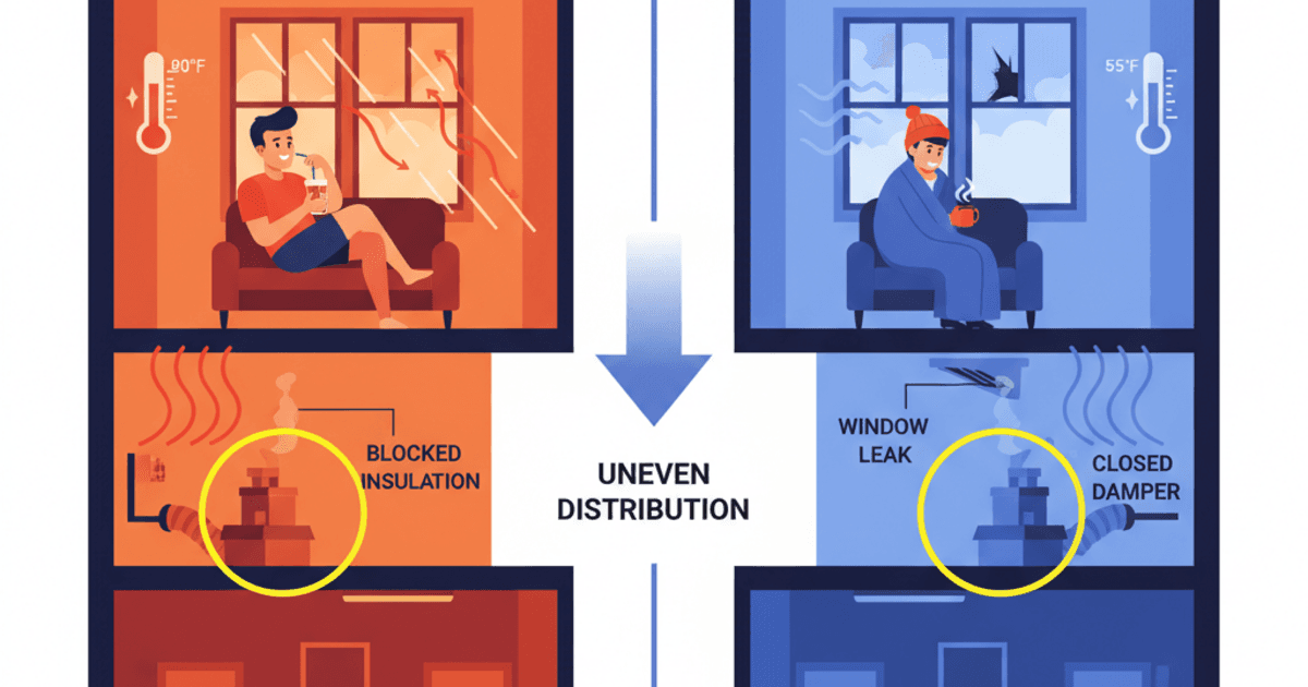 Split illustration showing uneven room temperatures in a home - warm orange room with comfortable person at 90°F versus cold blue room with bundled person at 55°F, highlighting problem areas like blocked vents and window leaks