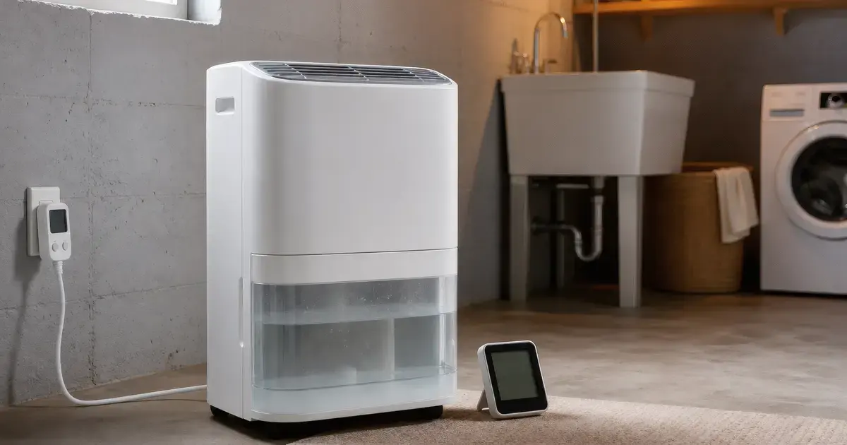 Portable dehumidifier with a plug-in electricity meter and hygrometer in a dry basement