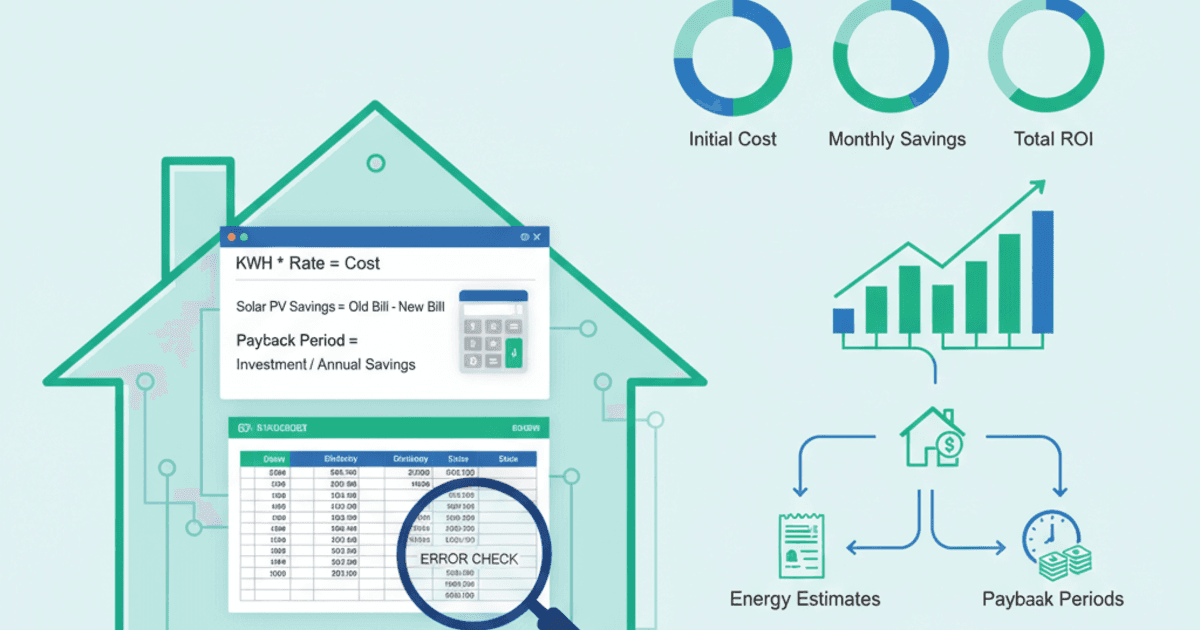 Home energy analytics methodology infographic showing calculator formulas, spreadsheet data analysis, ROI charts, and trusted data sources like DOE and EIA for transparent cost and savings calculations
