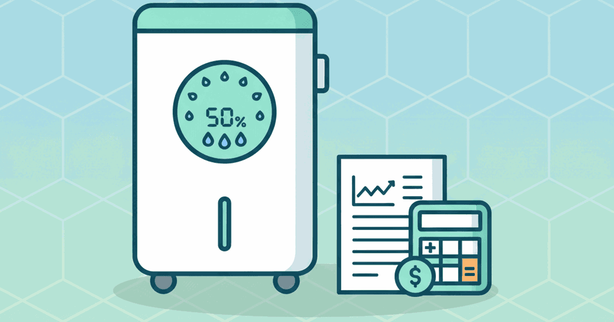Flat illustration of a basement dehumidifier with a humidity gauge, water droplets, and an energy bill showing a simple cost formula for watts, hours, and electricity rate
