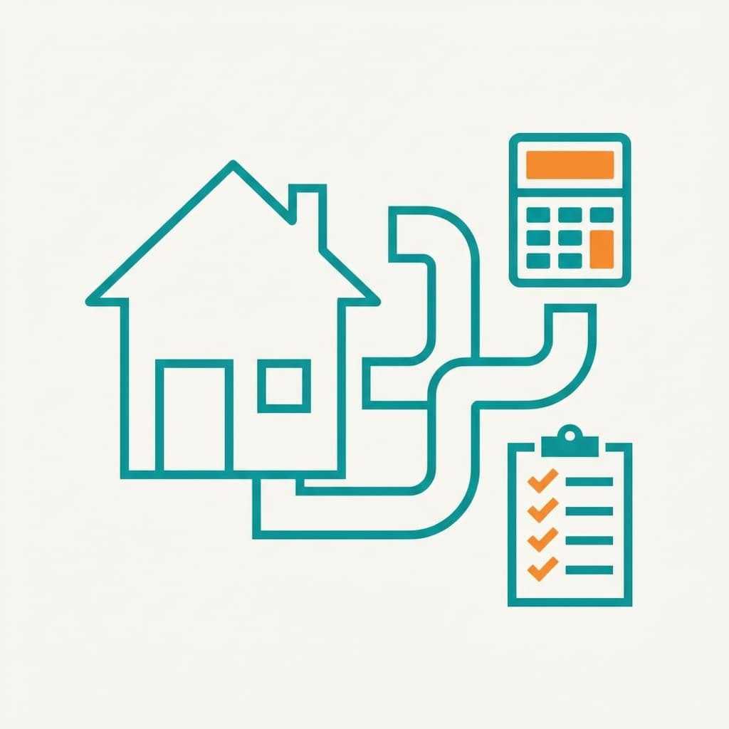 Illustration of ductwork lines connected to a home outline alongside a simple calculator icon and checklist, in a clean teal and orange style with no text.