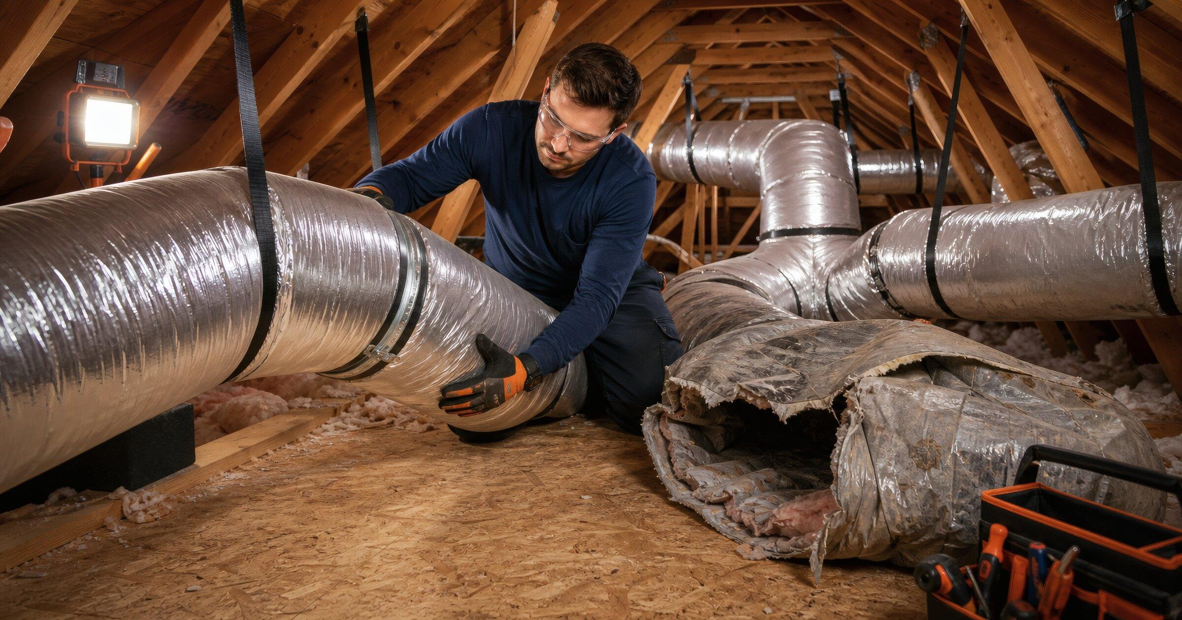 HVAC installer replacing a crushed attic duct with a new insulated duct run