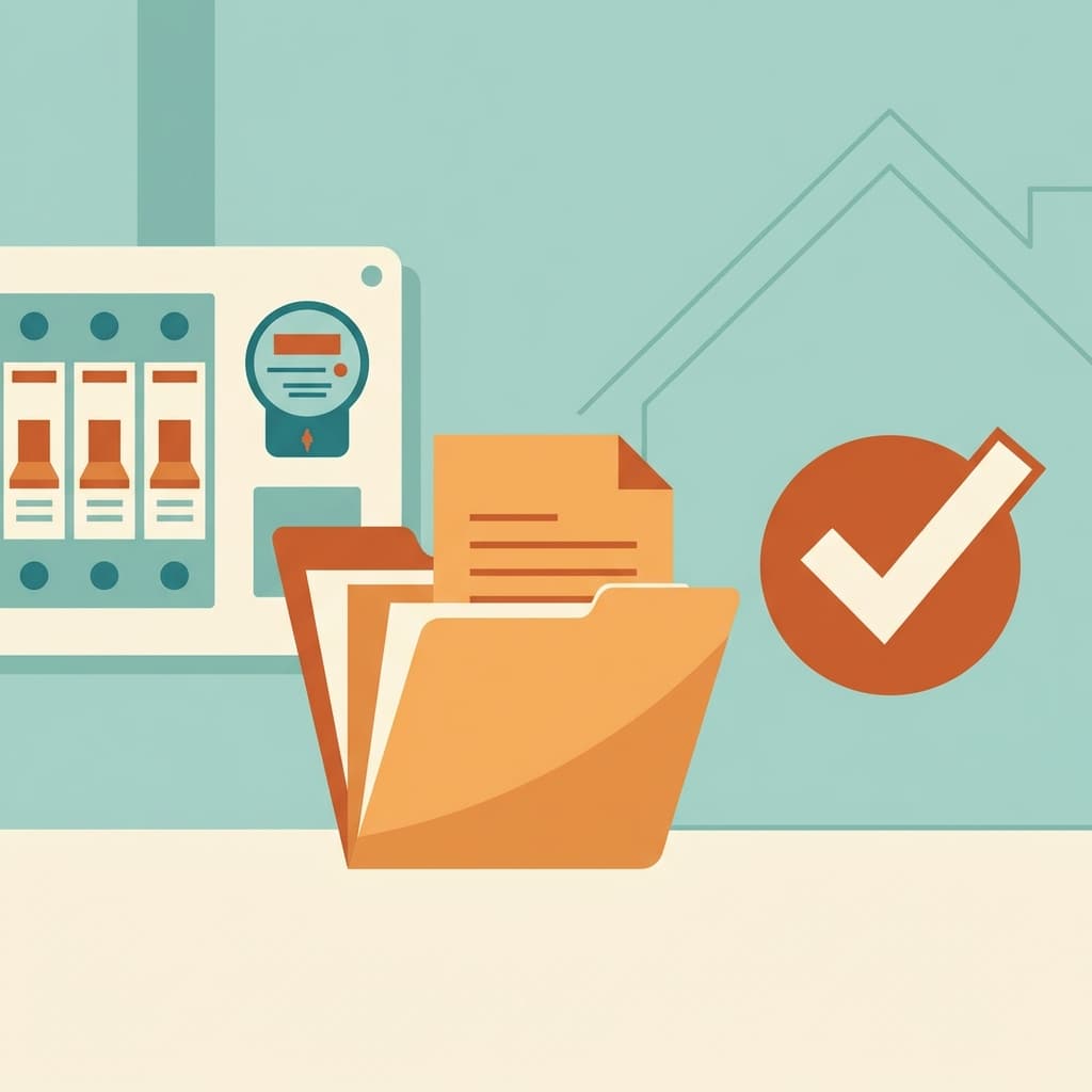 Illustration of an electrical panel next to a tax document folder and a checkmark icon, in a clean teal and orange style with no text.