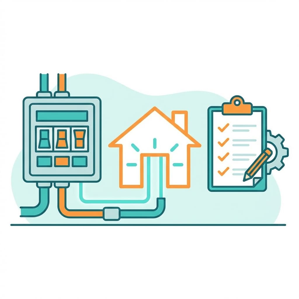 Illustration of an electrical breaker panel next to a home outline and a contractor quote checklist icon, in a clean teal and orange style with no text.