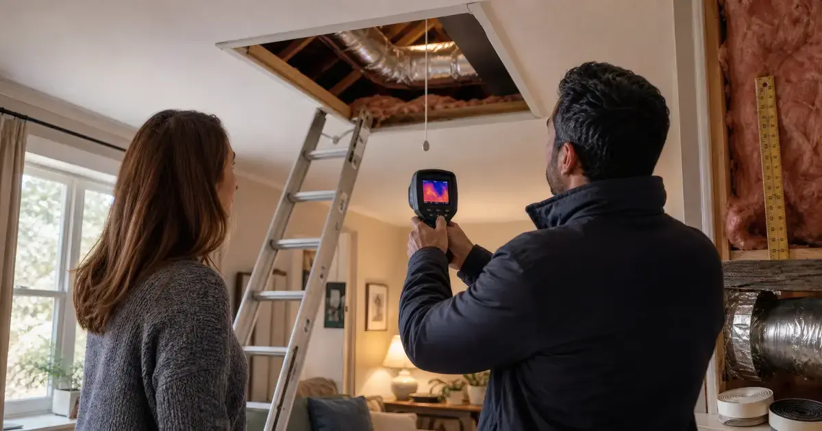 Homeowner and energy auditor using a thermal camera beneath an open attic hatch during an energy efficiency retrofit assessment