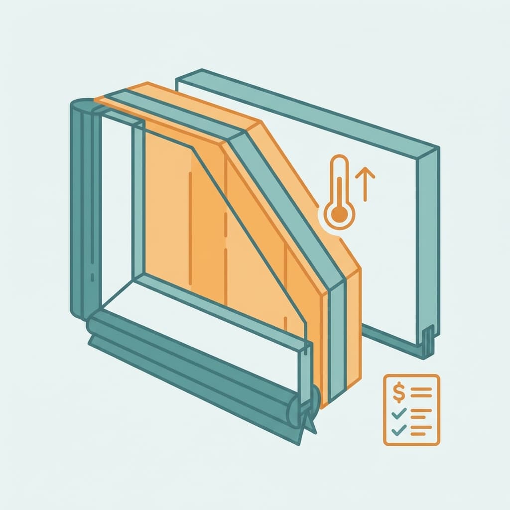 Illustration of a garage door cross-section showing insulation panels and weatherstripping, with a thermometer icon and a small cost checklist, without text.