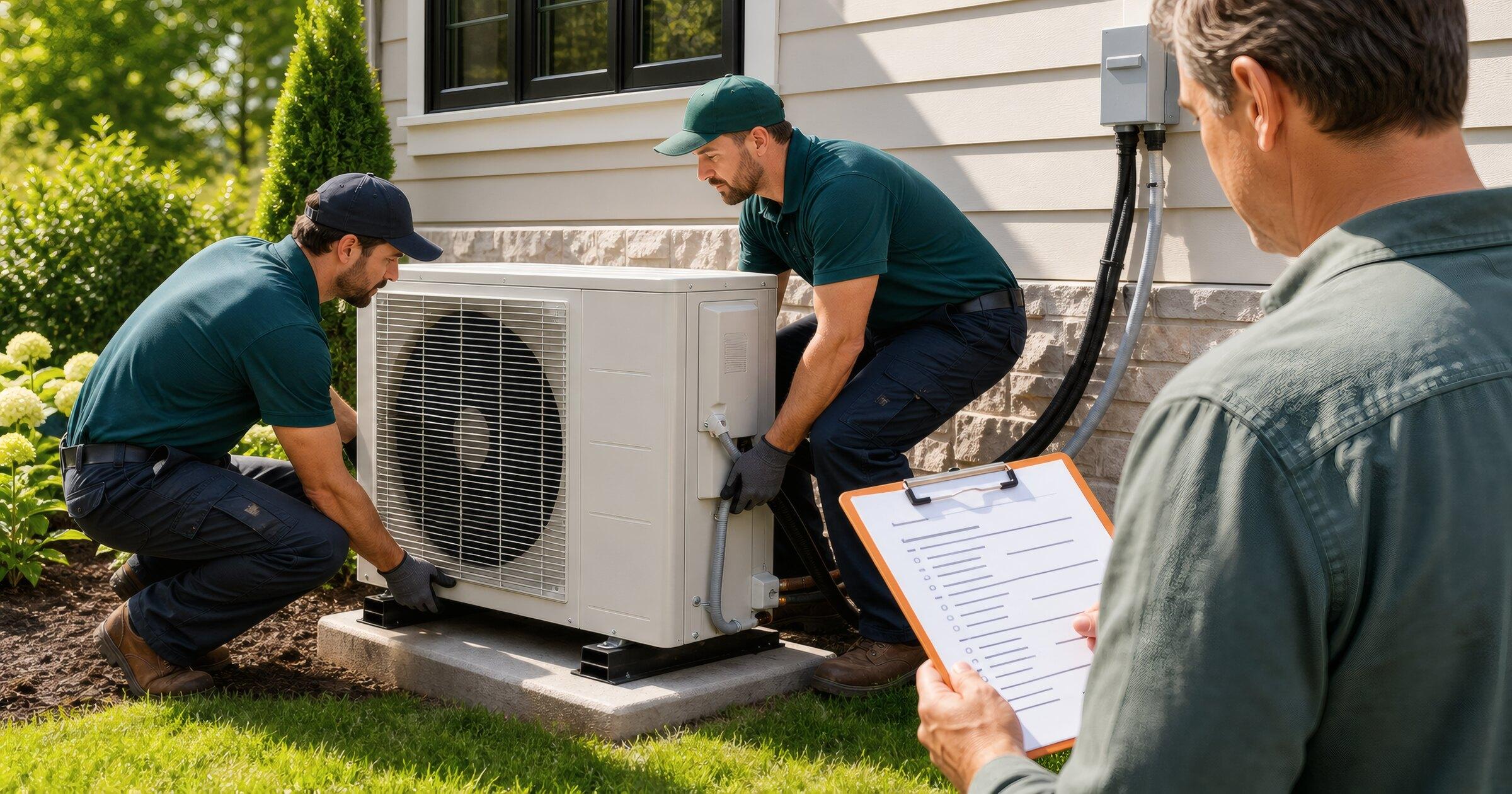 Two HVAC technicians setting an outdoor heat pump on a concrete pad while a homeowner reviews the quote
