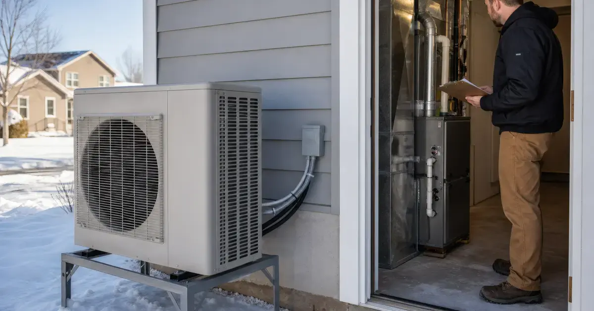 Cold-climate heat pump outside a snowy home beside an open utility room where a technician checks a gas furnace
