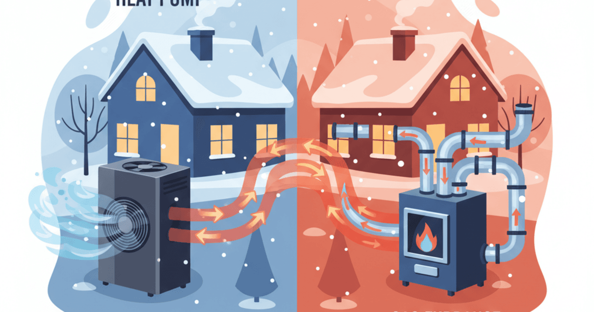 Comparison illustration showing a heat pump on the left in cool blue winter tones versus a gas furnace on the right with warm orange tones, both heating cozy homes in a snowy setting