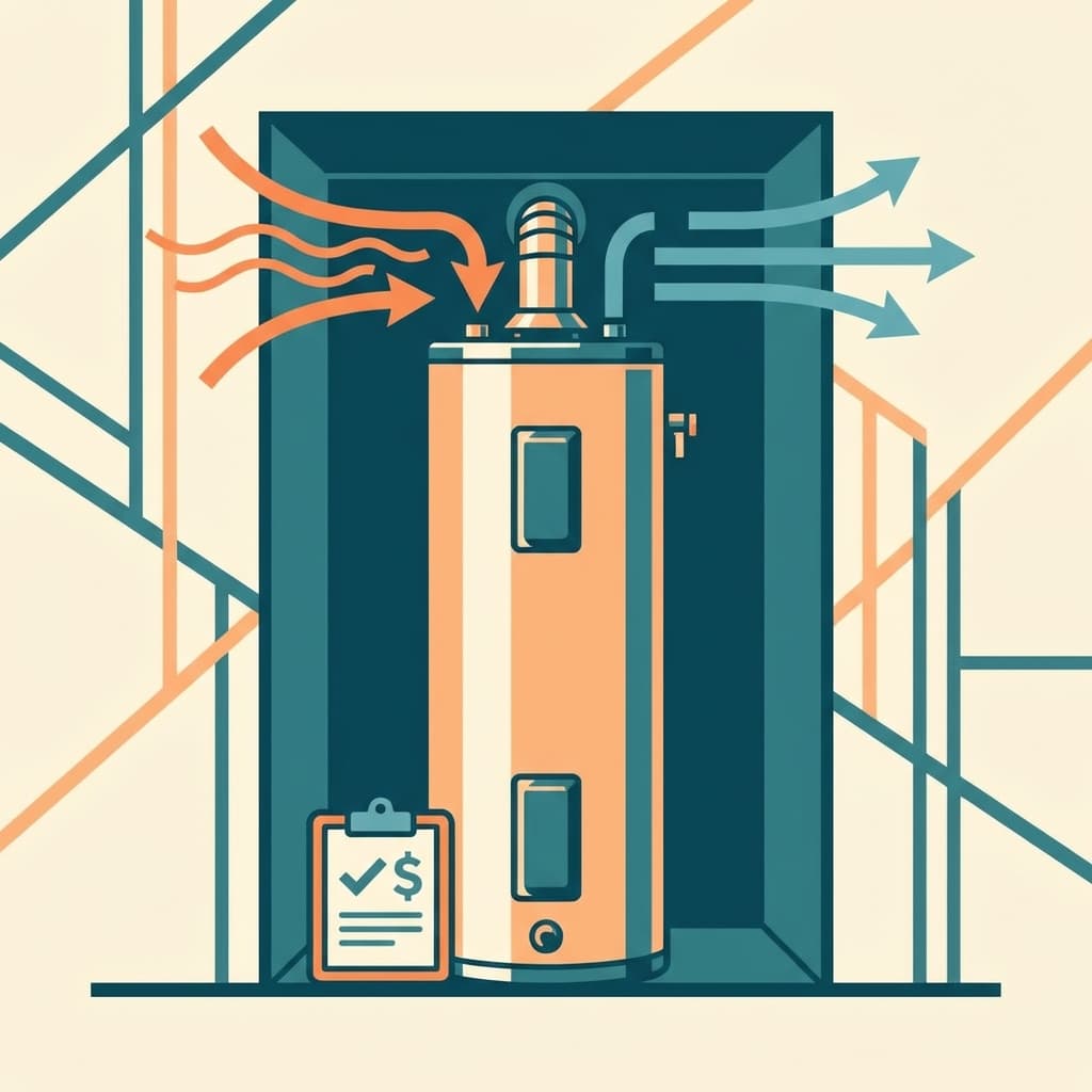 Illustration of a tall heat pump water heater tank with airflow arrows and a small cost checklist icon, in a clean teal and orange style with no text.