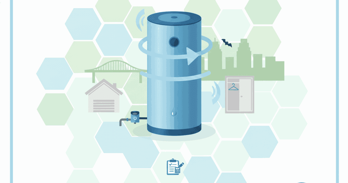 Heat pump water heater illustration for an Austin home showing a tall tank, airflow arrows, and garage vs closet placement icons.