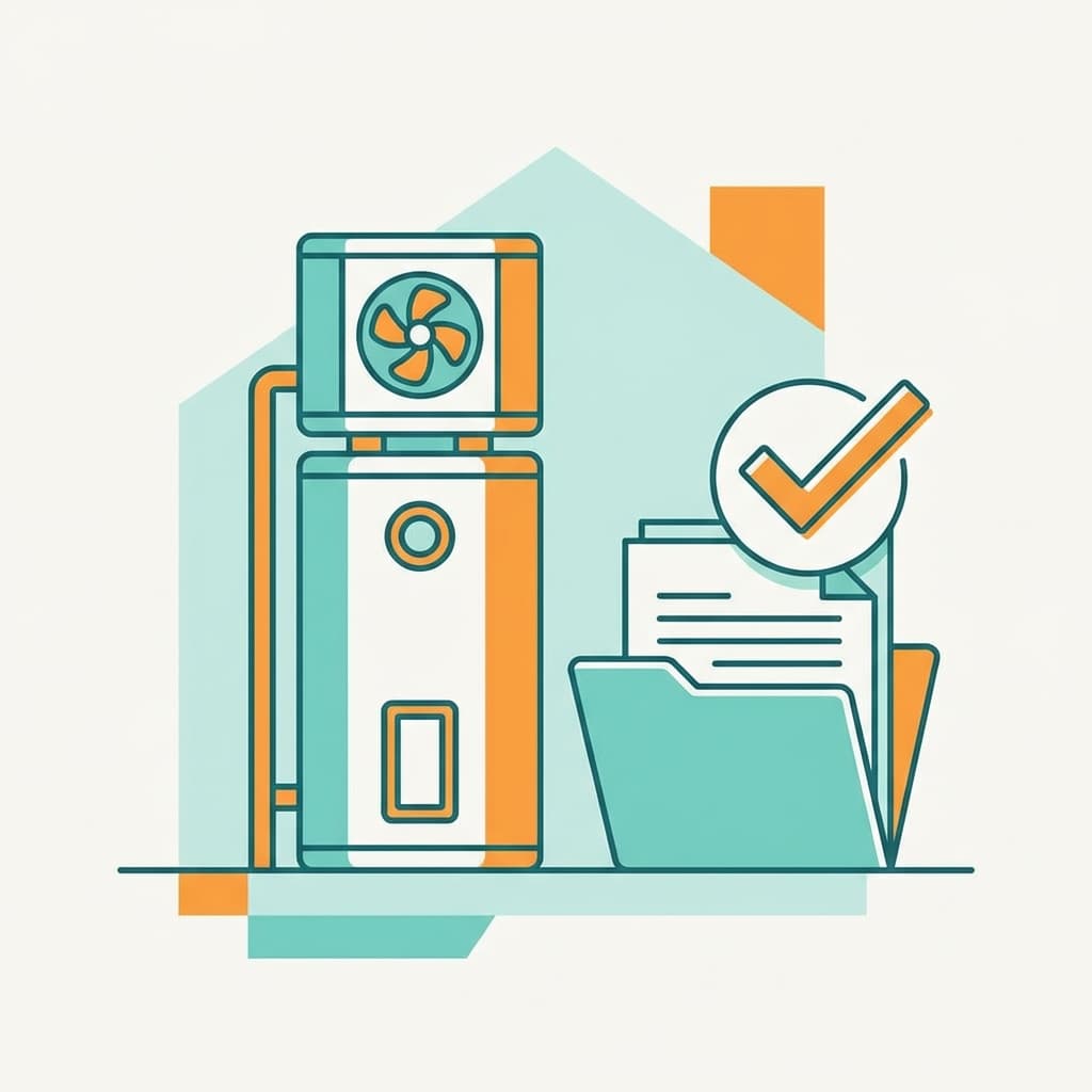 Illustration of a heat pump water heater with a document folder and checkmark icon, in a clean teal and orange style with no text.