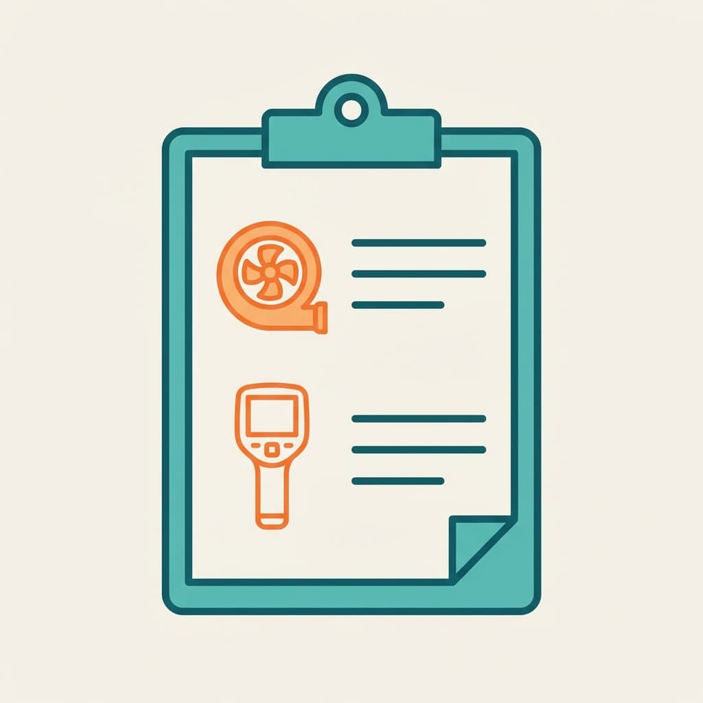 Illustration of a clipboard audit checklist with a small blower door fan icon and a thermal camera outline, in a clean teal and orange style with no text.