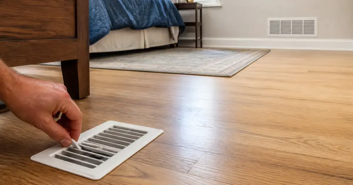A homeowner's hand pauses at the lever of an open floor supply register in a bright bedroom