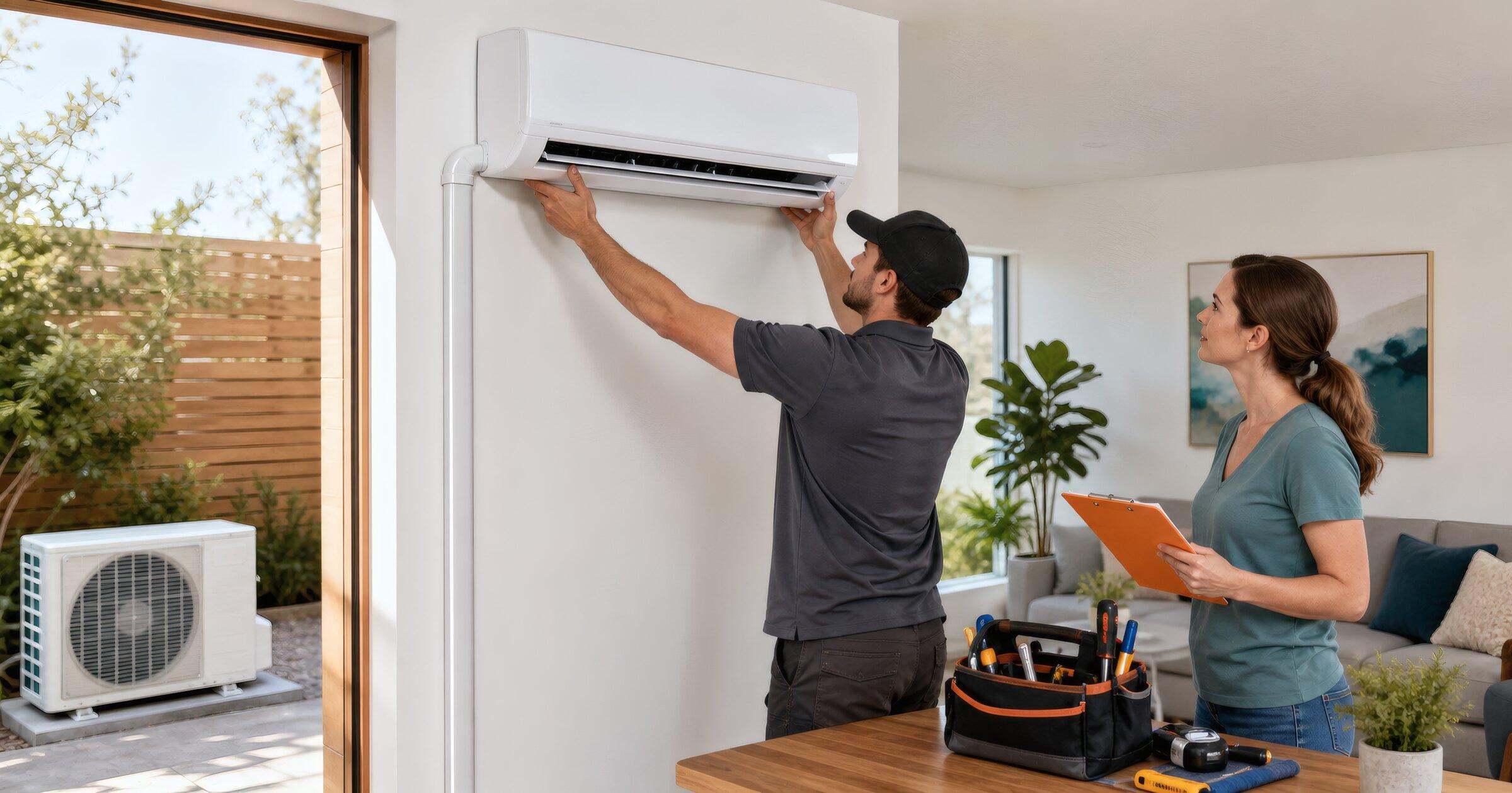 HVAC technician mounting a ductless mini split while a homeowner reviews the installation estimate