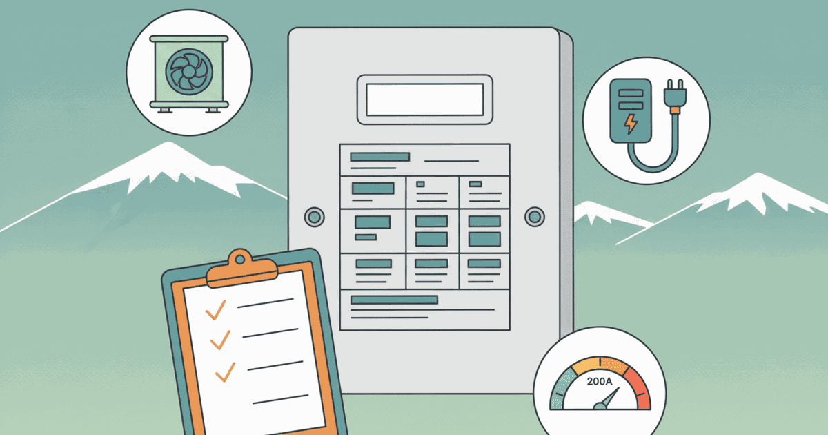 Electrical panel upgrade illustration for a Denver home showing a main panel, a 200A gauge, a checklist, and icons for a heat pump and EV charger.