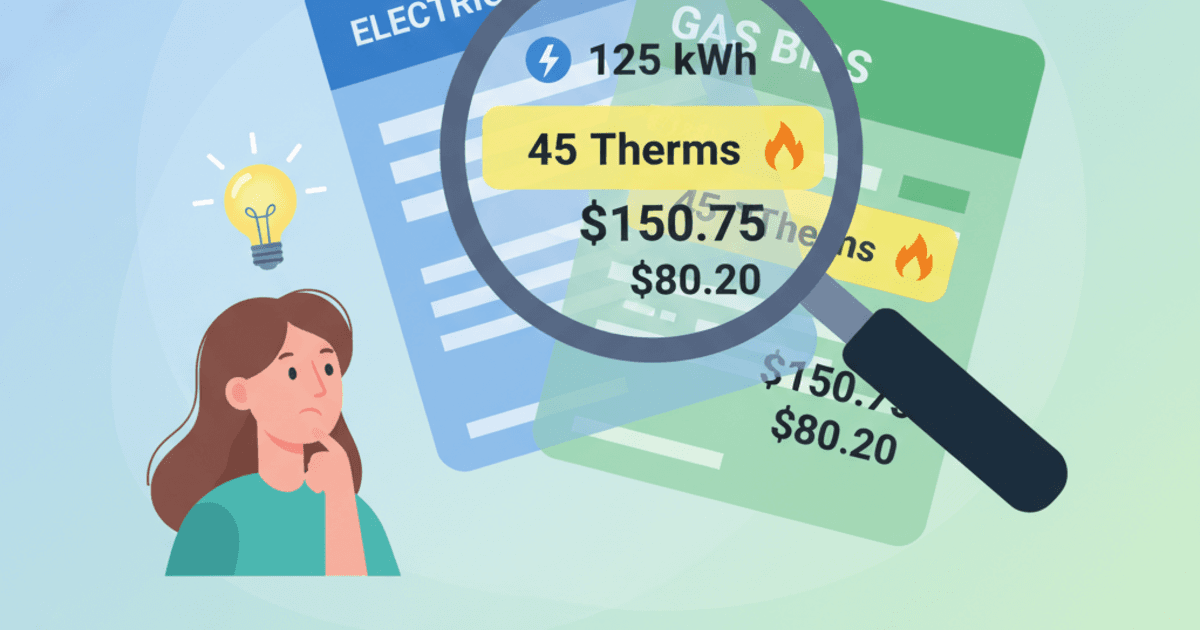 Illustration of electric and gas utility bills with magnifying glass highlighting key numbers like kWh, therms, and costs, showing usage charges, fixed fees, and delivery charges breakdown