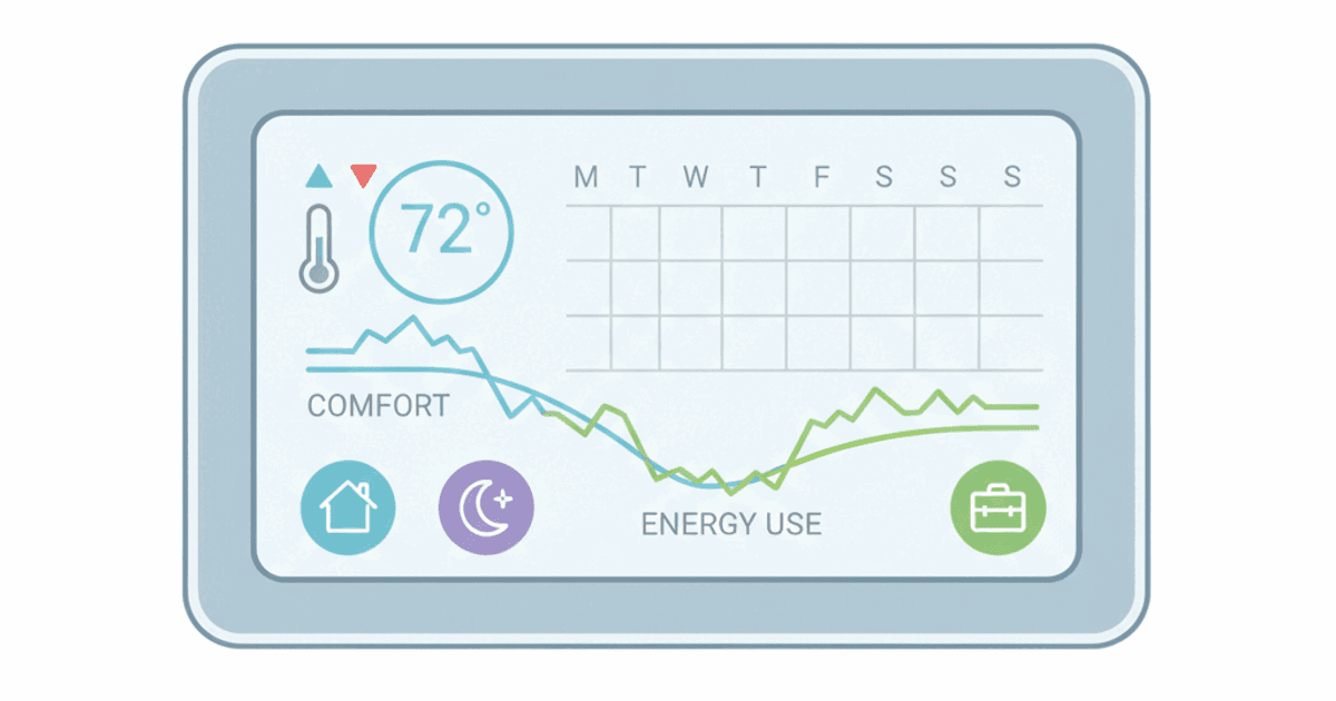 Illustration of a smart thermostat with a weekly schedule, small temperature adjustments, and a comparison of comfort versus energy use across day and night