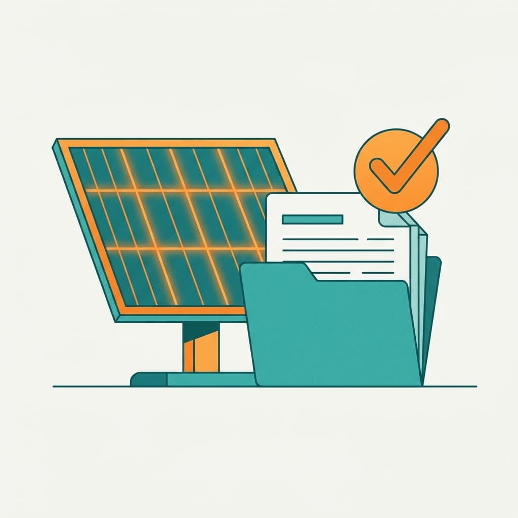 Illustration of a solar panel next to a tax document folder and a checkmark icon, in a clean teal and orange style with no text.