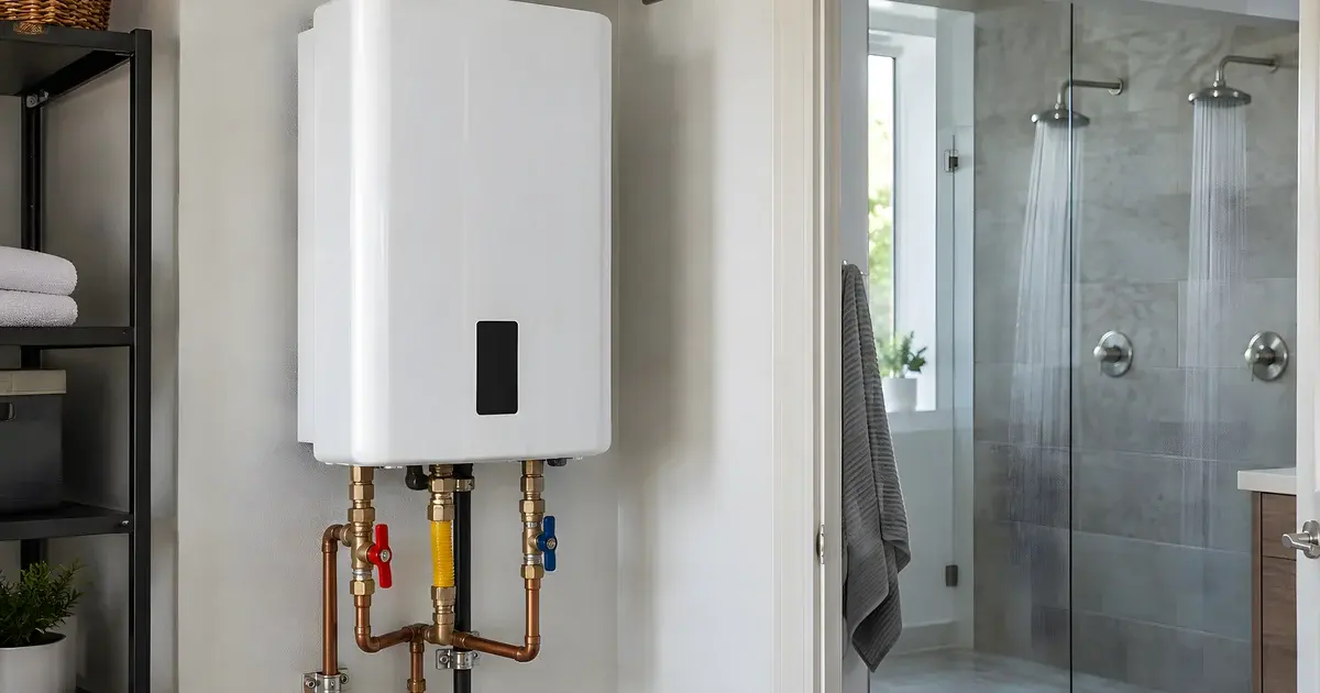 AI-generated illustration of a wall-mounted tankless heater near two shower fixtures