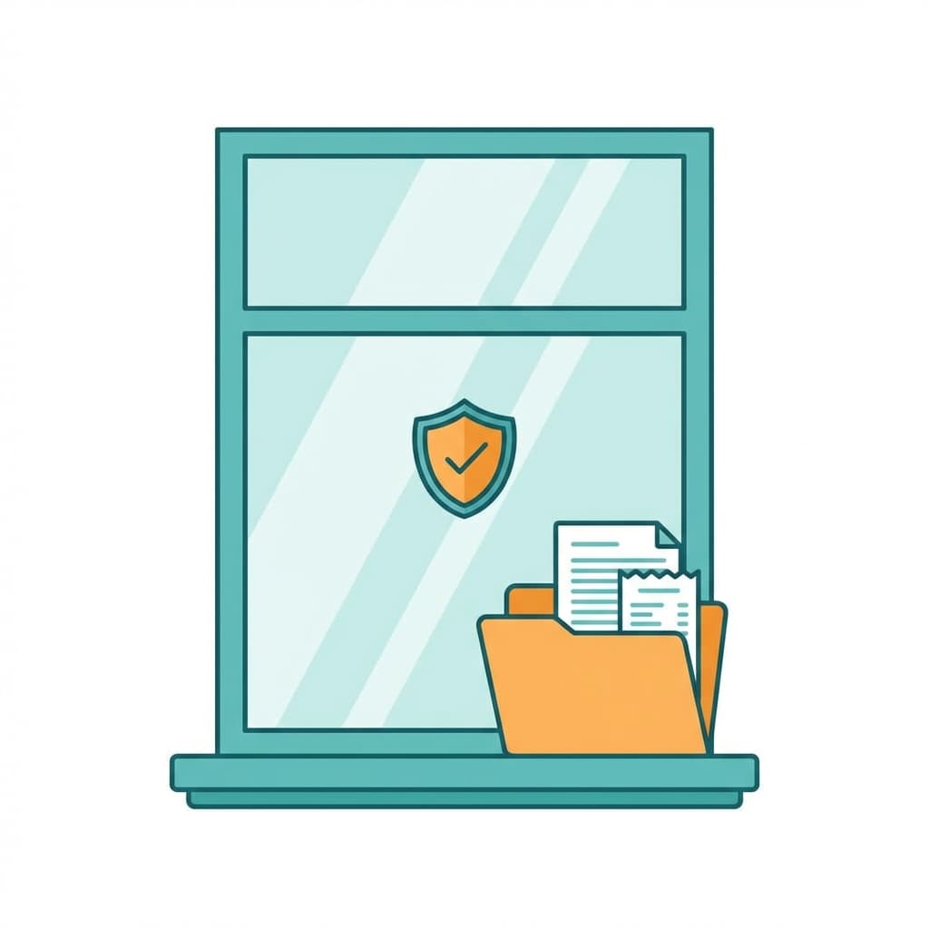 Illustration of a window with a small shield/checkmark icon and a receipt/document folder, in a clean teal and orange style with no text.
