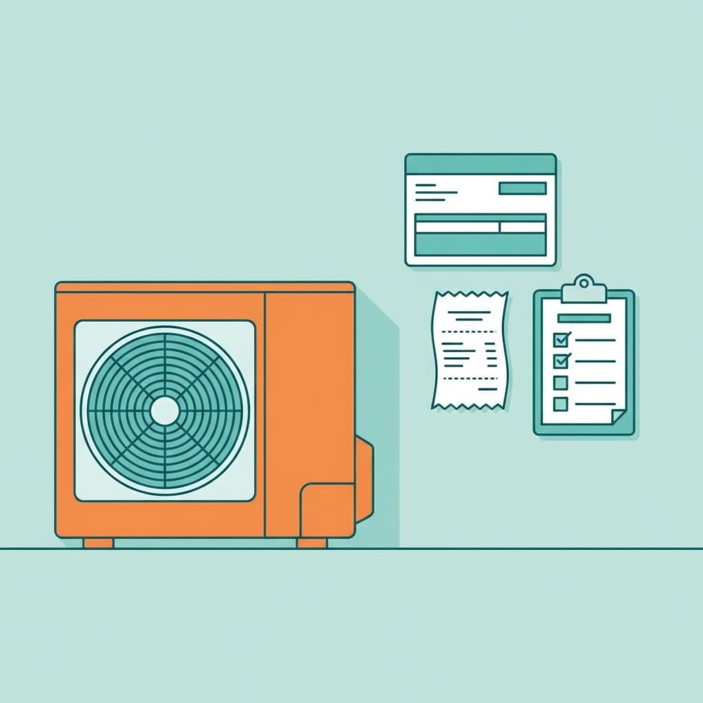 Illustration of a heat pump outdoor unit next to a simple tax form icon, a receipt, and a checklist for documentation, without text.