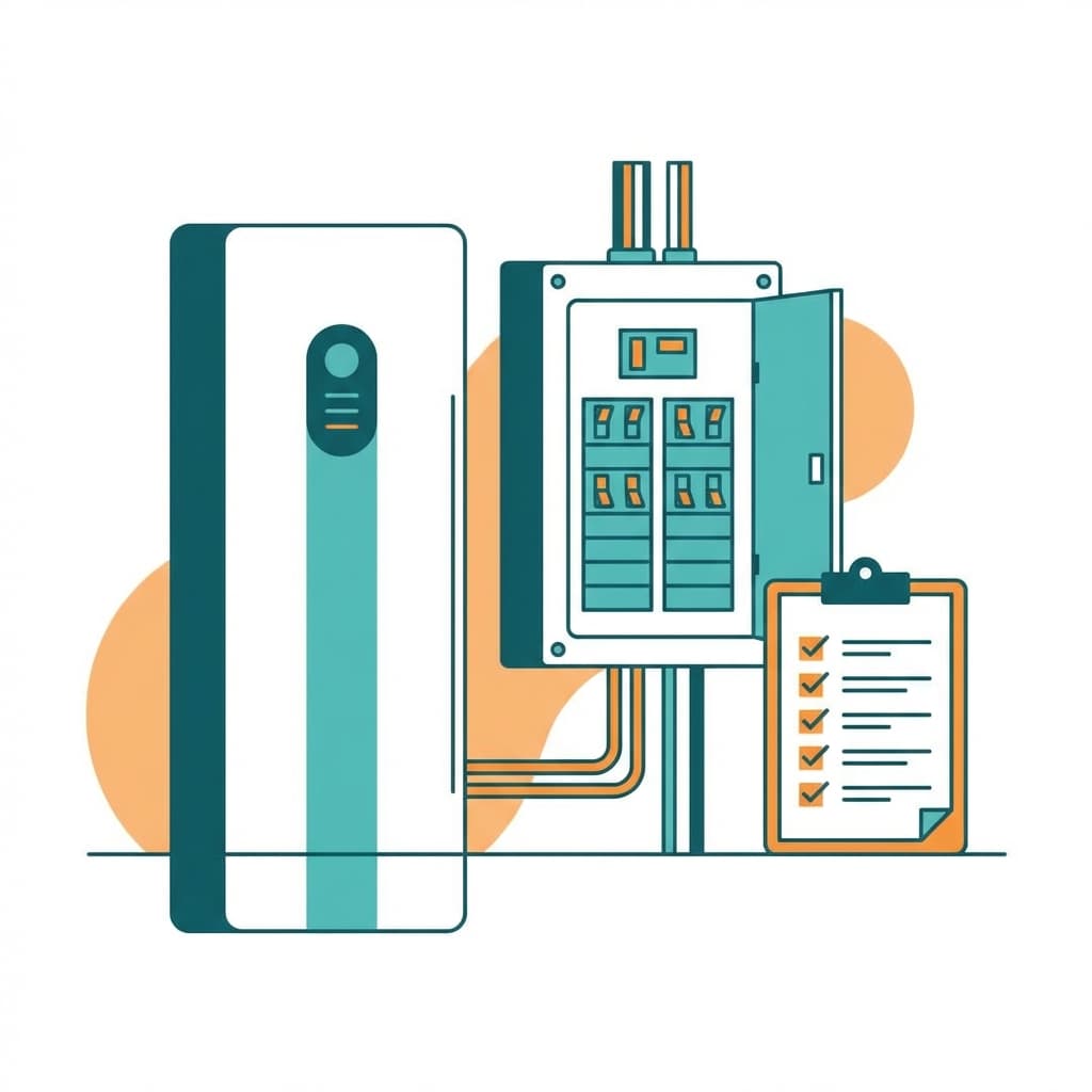 Minimal illustration of a home battery next to a breaker panel and a simple checklist icon, in a clean teal and orange style with no text.