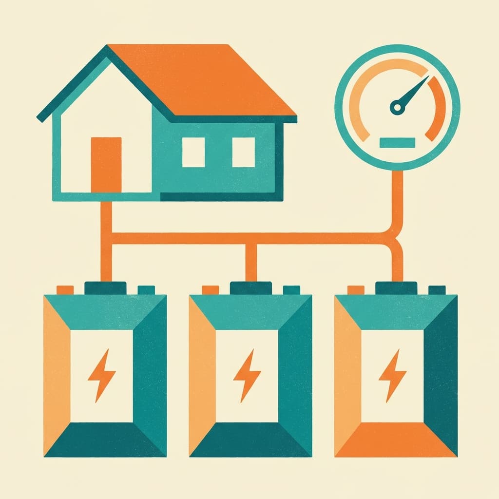 Illustration of multiple home batteries connected to a house outline with a simple power gauge icon, in a clean teal and orange style with no text.