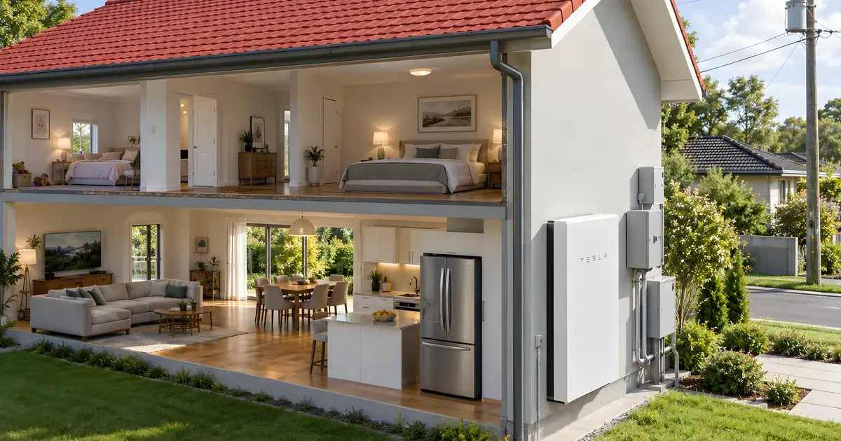 AI-generated house cutaway with a home battery and a roof without solar panels