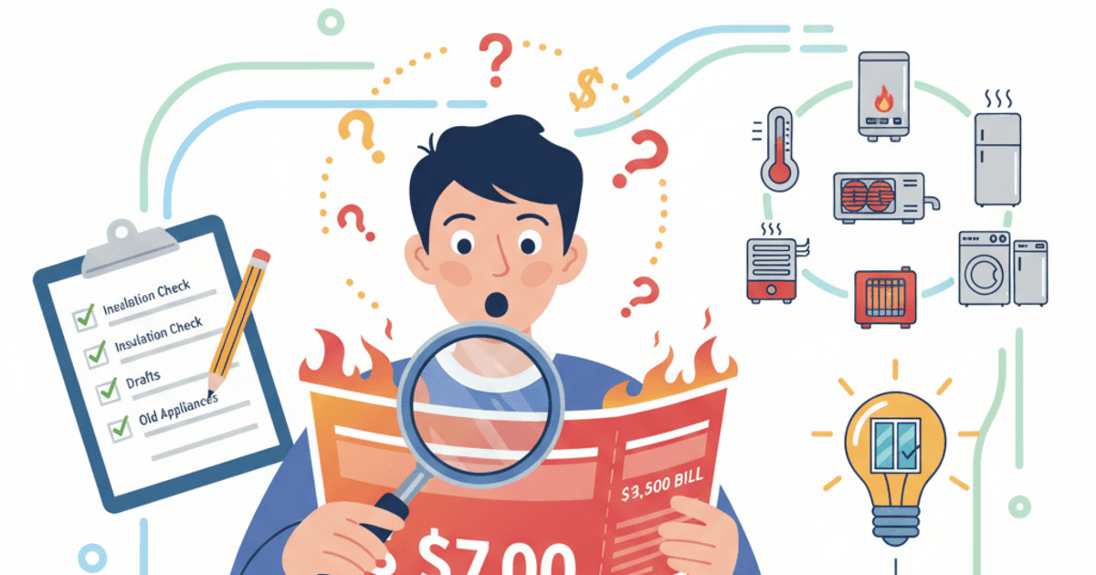 Person looking shocked at high energy bill with magnifying glass, diagnostic checklist, and icons for possible culprits like water heater, HVAC, thermostat, and appliances - solving the energy bill mystery