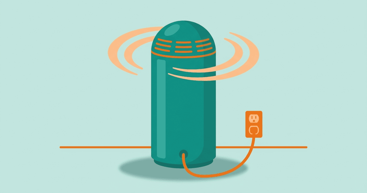 Flat teal and orange illustration of a plug-in heat pump water heater connected to a standard wall outlet, with airflow arrows and a hot water tap, no text.