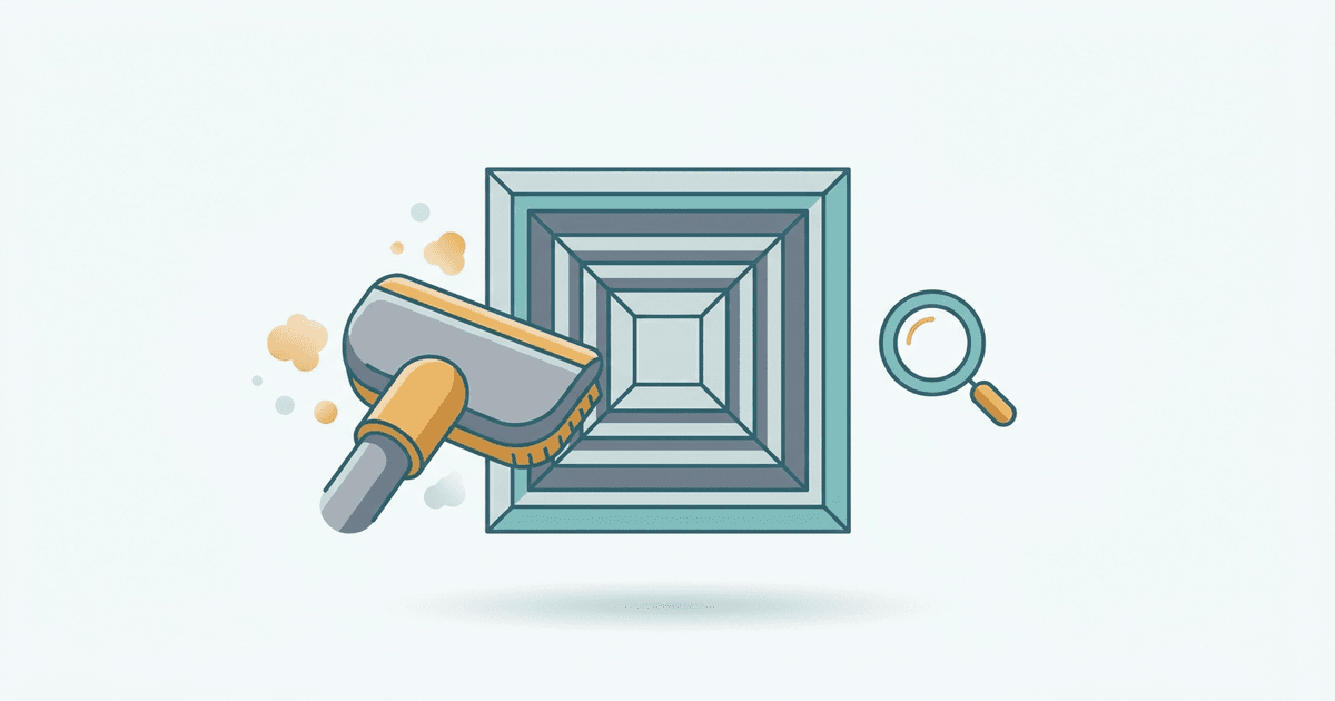 Illustration of a square ceiling air vent with a vacuum-brush nozzle and a magnifying glass, with a few dust particles drifting out, in a clean teal and slate style with no text.