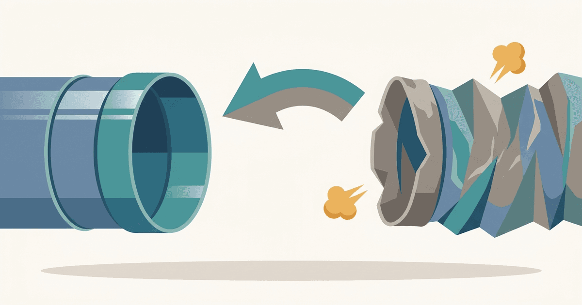 Illustration comparing a shiny new metal duct section with an old crushed duct and a curved swap arrow, with small air-leak puffs, in a clean slate-blue and amber style with no text.