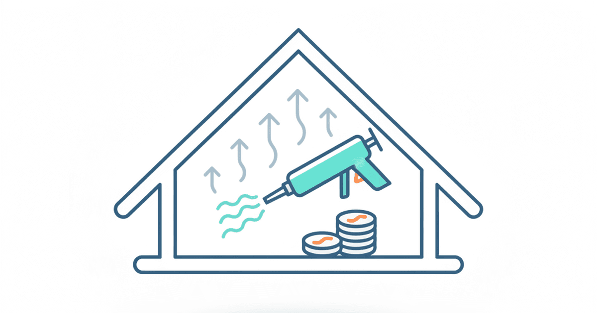 Illustration of an attic with highlighted air leak points and a sealant gun icon next to a checklist, in a clean teal and orange style with no text.
