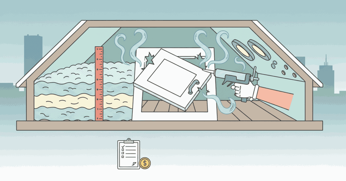 Attic cross-section illustration for a Boston home showing insulation depth, air sealing around an attic hatch, and a quote checklist icon.
