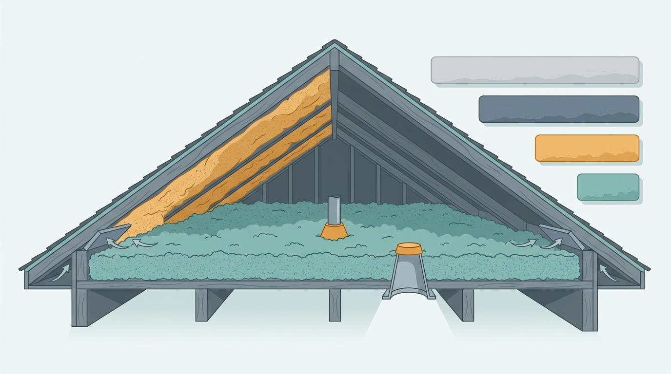 Attic cutaway identifying insulation across the floor and work near the hatch and eaves