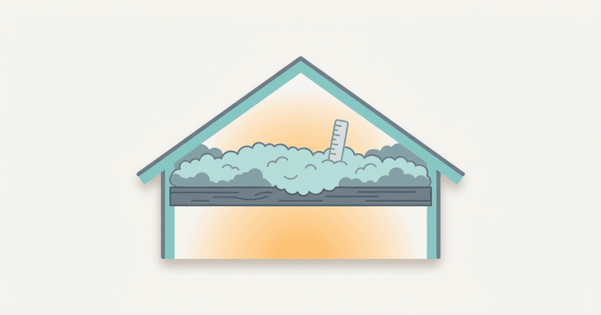 Illustration of a house roof gable cutaway showing blown-in attic insulation between the joists with a depth-marker ruler, in a clean teal and amber style with no text.
