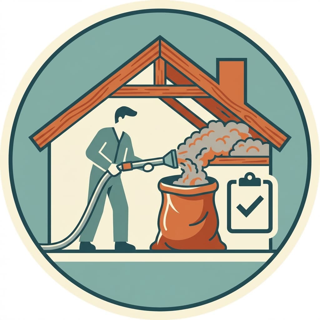 Illustration of an attic with old insulation being removed into a collection bag next to a checklist icon, in a clean teal and orange style with no text.
